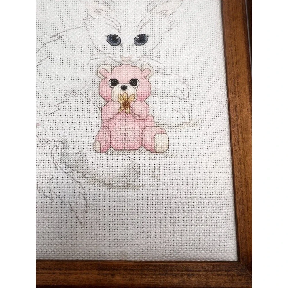 Vintage Framed Cross Stitch Nursery Art Pair Baby Bunny & Cat Kitten Handmade